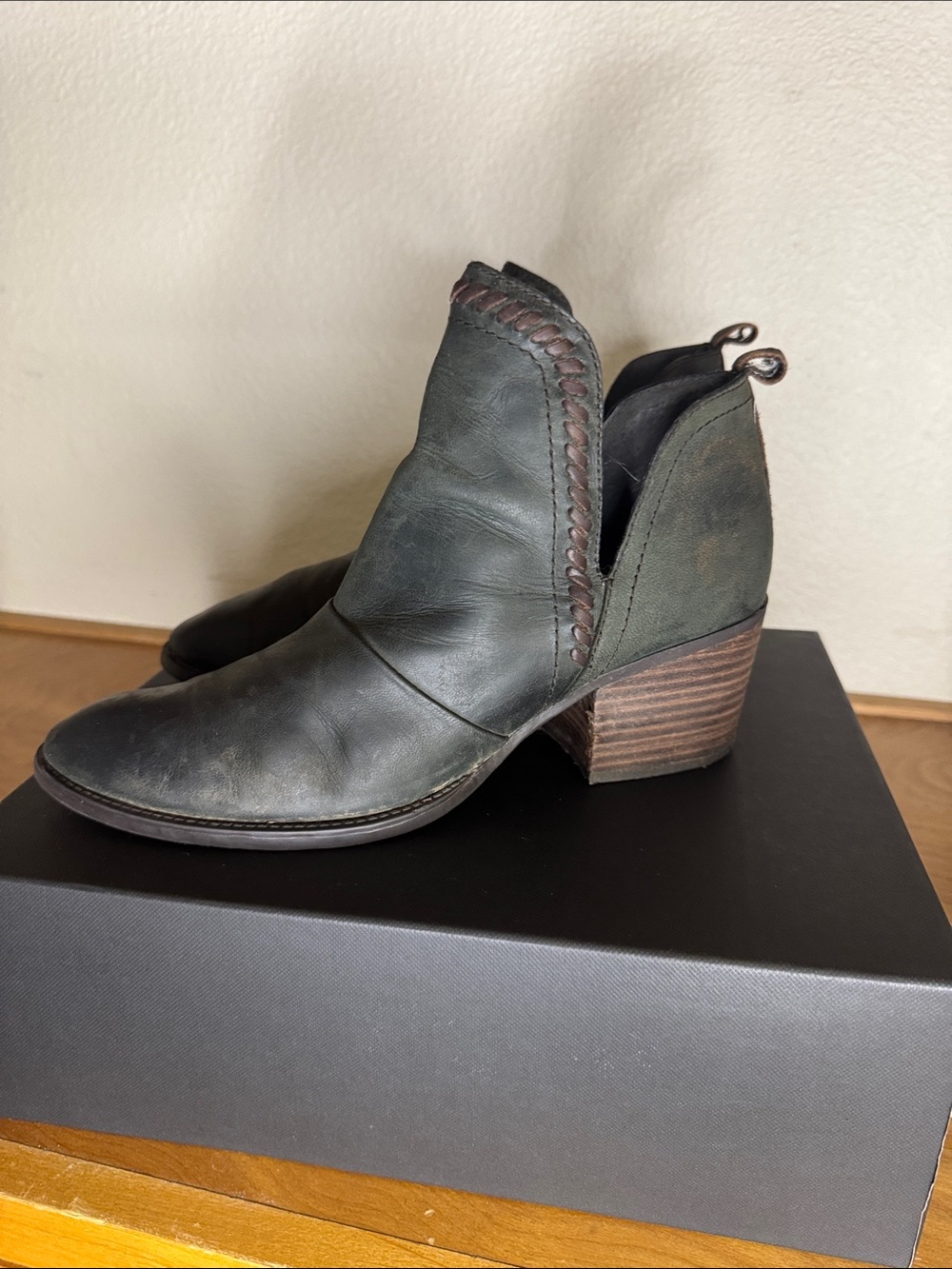 OTBT Olive Green Leather Ankle Booties with Stacked Heel